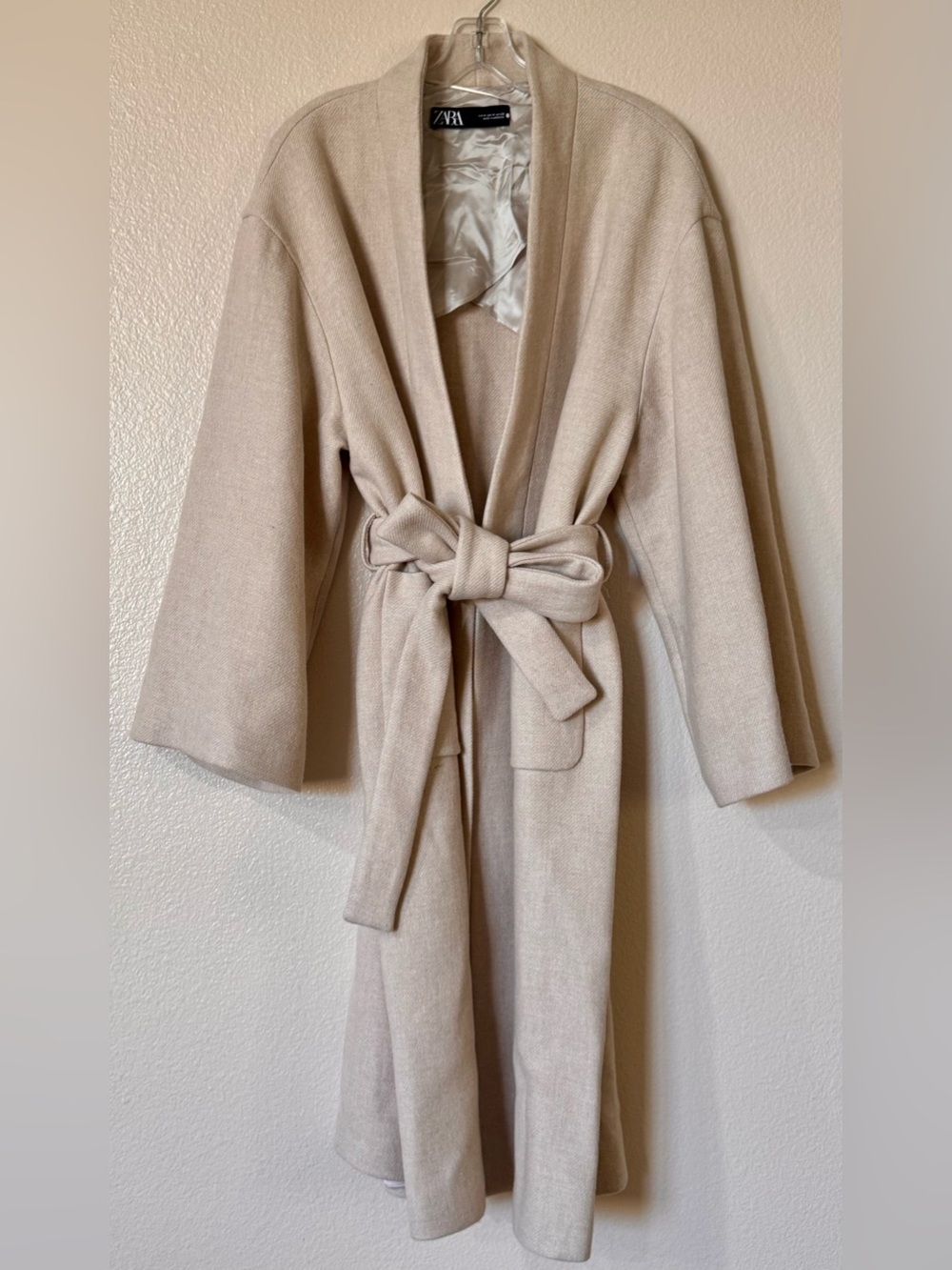 Zara ZW Woman Collection Minimalist Wool Blend Belted Wrap Coat Beige Size M